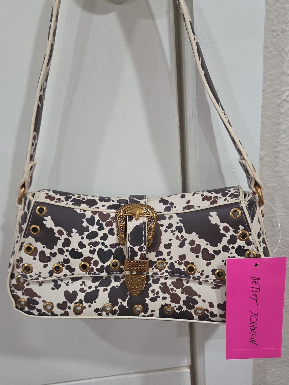 Betsey Johnson Cream & Brown Spotted Shoulder Bag with Gold Hardware
